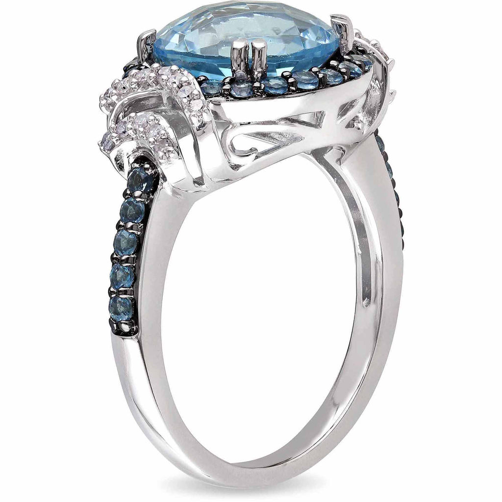 Sterling Silver Halo Bridal Set with Round Blue Topaz and Diamond E32008