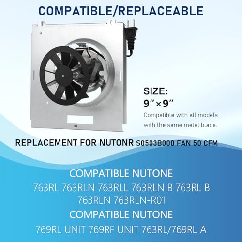 50 CFM Bathroom Fan Motor, 2.0 Sone, 9"x9" W995049