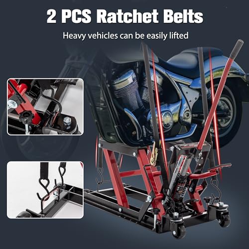 Red Hydraulic Motorcycle Lift Jack 1500 LBS Capacity, Foot-Operated Scissor Lift Table, Adjustable Height S8343