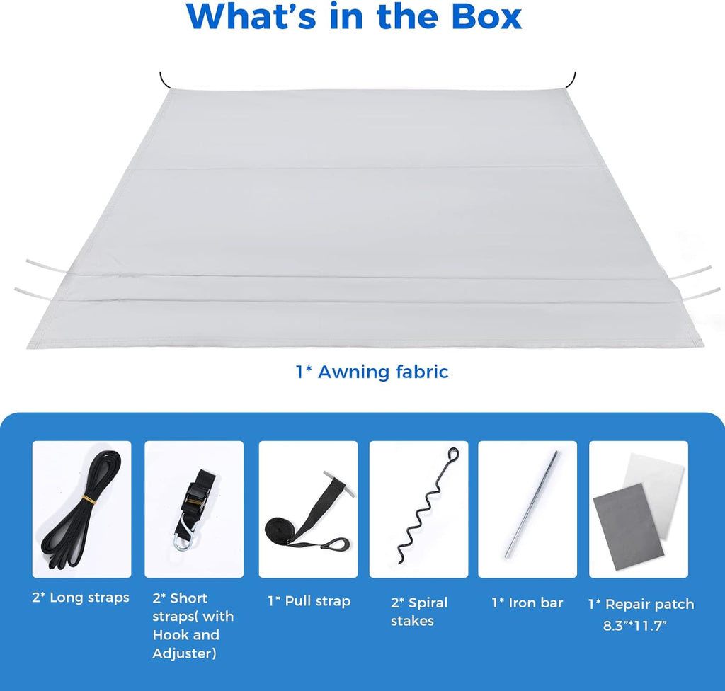 RV Awning Replacement Fabric with Anchor Kits & Pull Tension Strap, Gray D344162