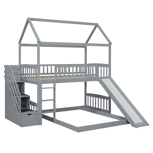 Twin Over Full Size Wood House Bunk Bed with Slide and Storage Steps Z160