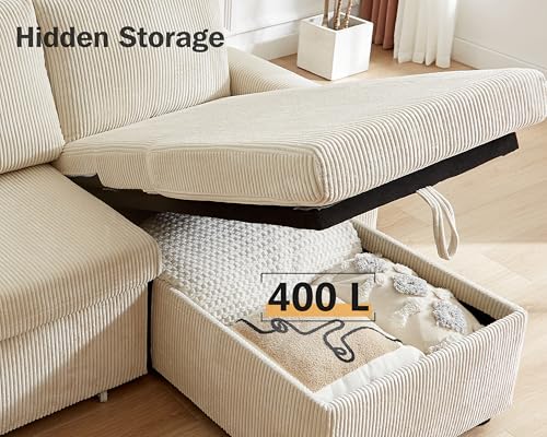 Beige Corduroy L Shaped Sleeper Sofa with Storage Chaise R116