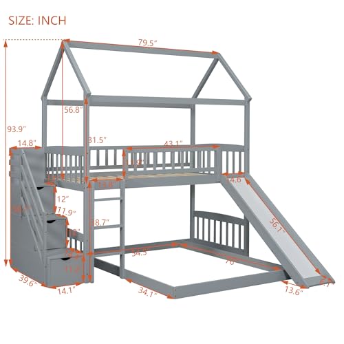 Twin Over Full Size Wood House Bunk Bed with Slide and Storage Steps Z160