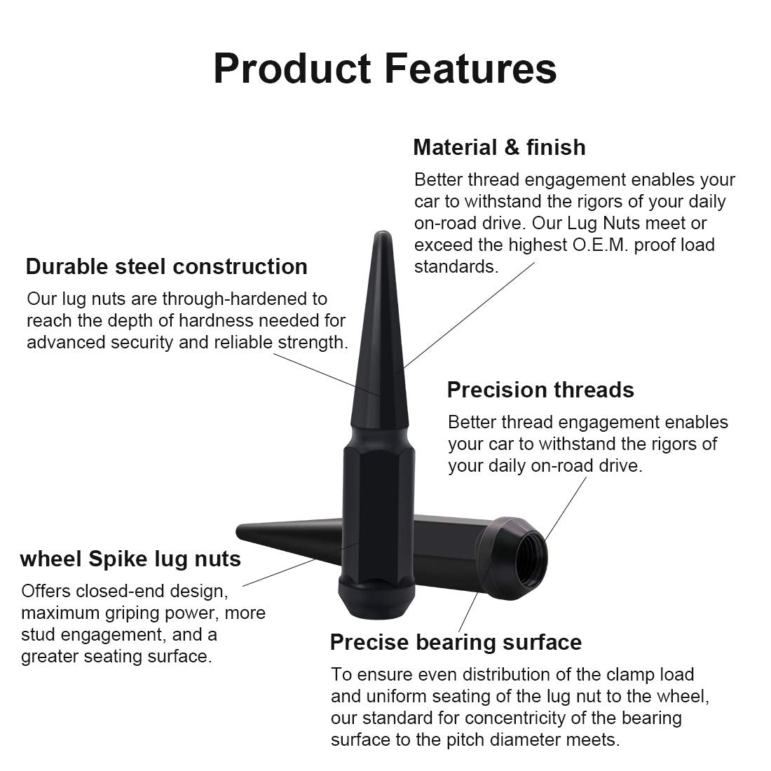 24 x Black M14x1.5 Solid Metal Wheel Spike Lug Nuts S7174