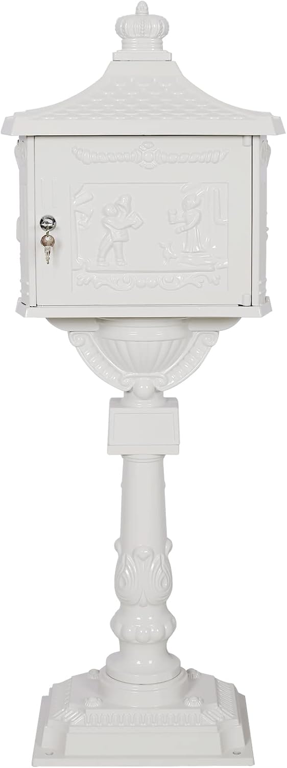 White Cast Aluminum Mailbox with Post and Locking Keys T9038