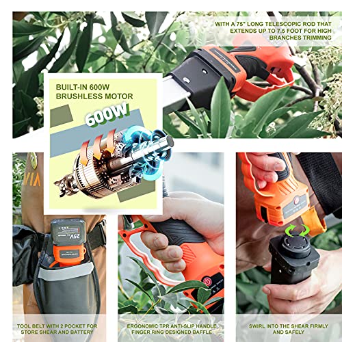 Cordless Electric Pruner Kit, 1.6 Inch Pruning Shears, 5 Inch Handheld Electric Chain Saw with 75 Inch Foldable Extension Pole, 2 Pack 25V Lithium Batteries, SK5 Blades R3276