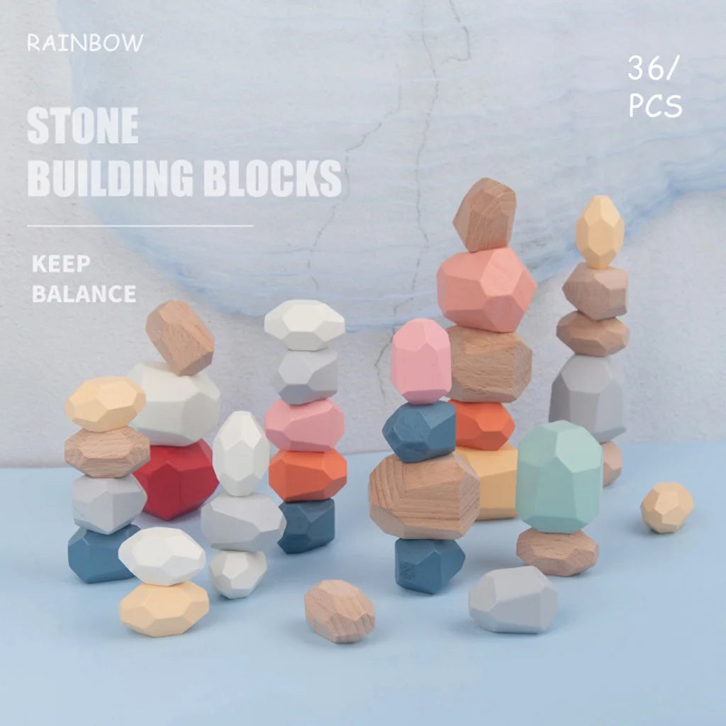 Wooden Stone Building Block Stacking Game Rainbow Toy 5PC I347649