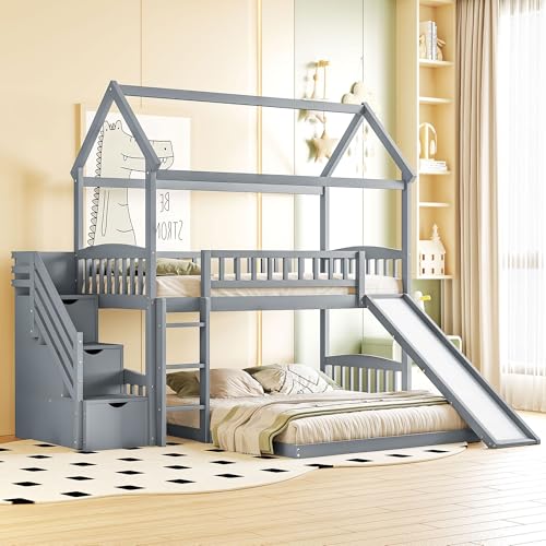 Twin Over Full Size Wood House Bunk Bed with Slide and Storage Steps Z160