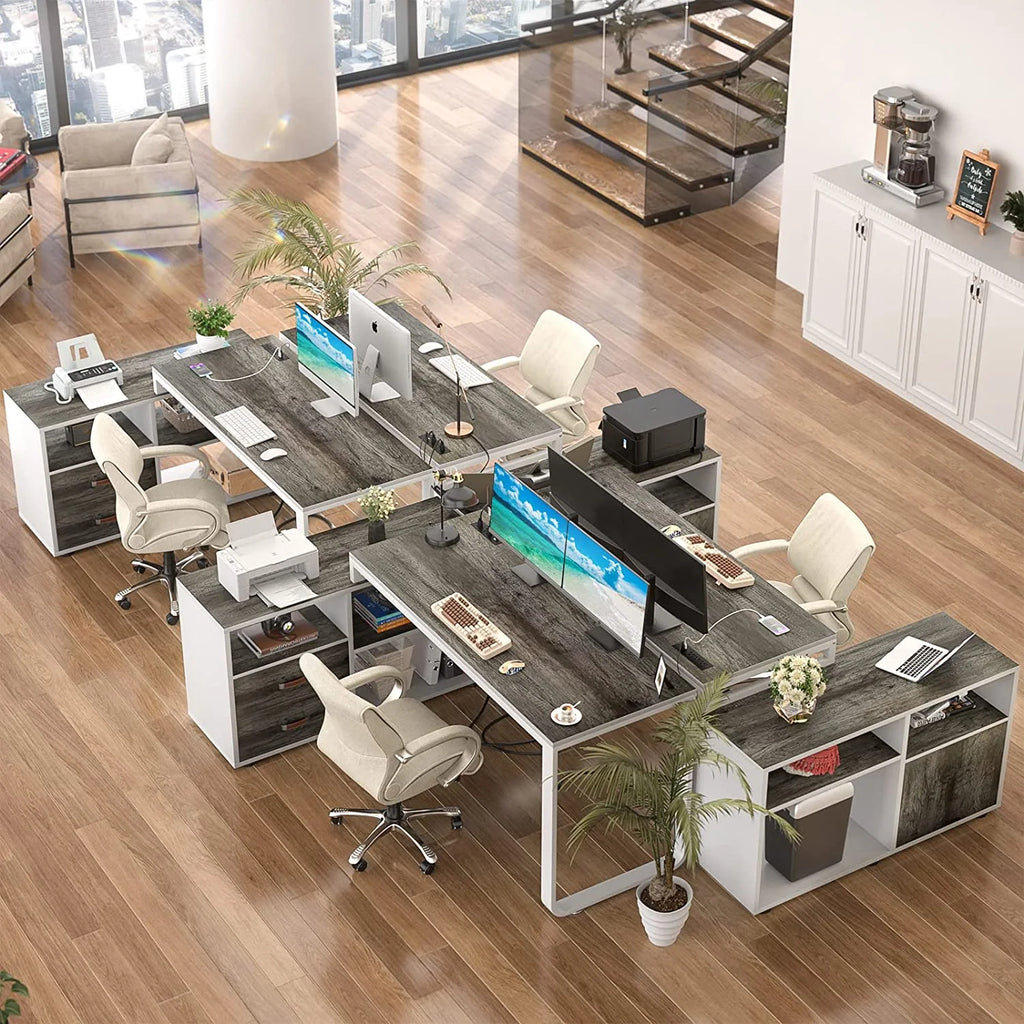 L Shaped Desk with Power Outlet and LED Strip, 55 Inch Reversible Corner Computer Desk with Drawers and Storage Shelves, Grey & White M5961