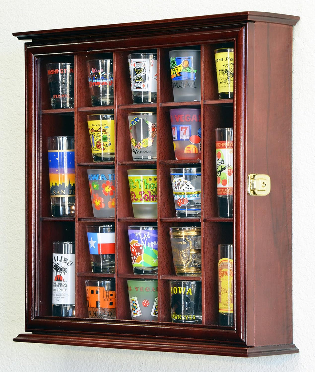 Cherry 21 Shot Glass Display Case Cabinet Wall Rack T174