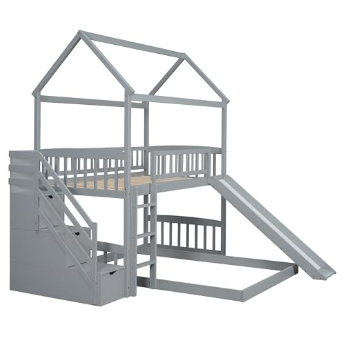 Twin Over Full Size Wood House Bunk Bed with Slide and Storage Steps Z160