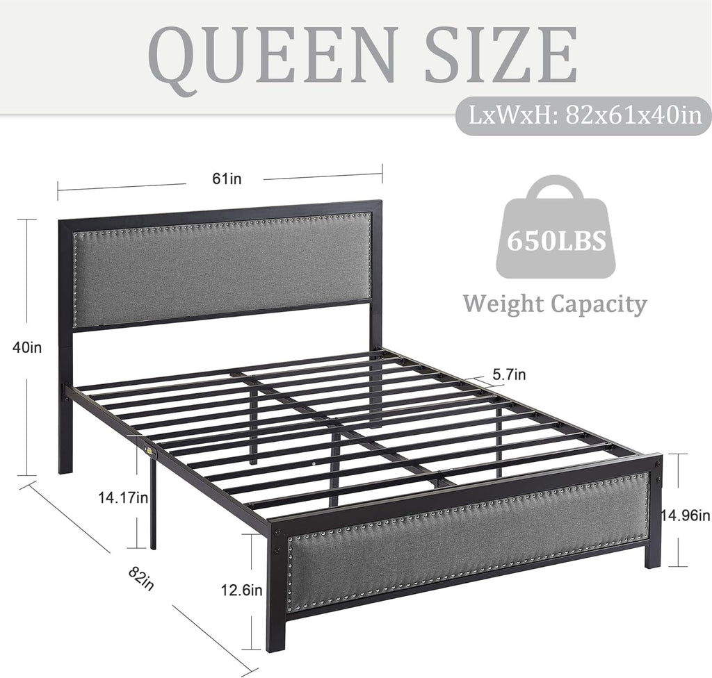 Twin Bed Frame with Upholstered Linen Headboard and Footboard P65328