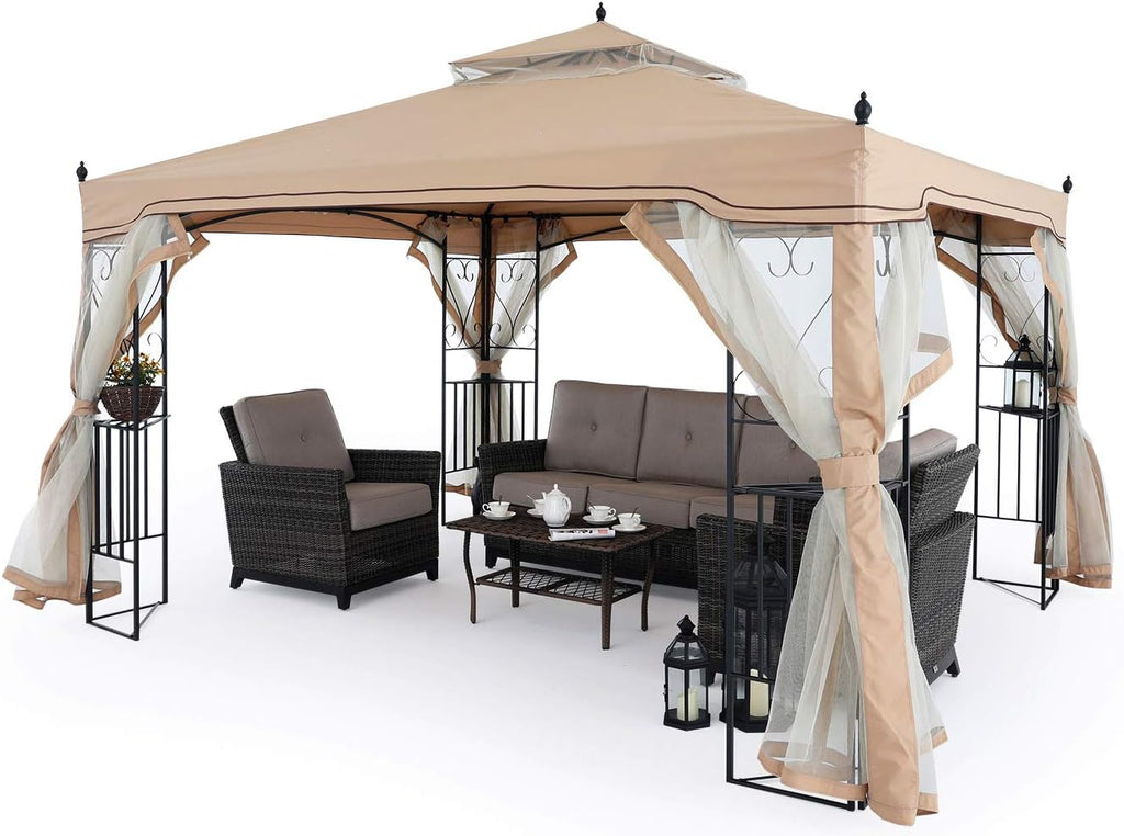 Beige Patio Gazebo with Netting Screen Walls J206189