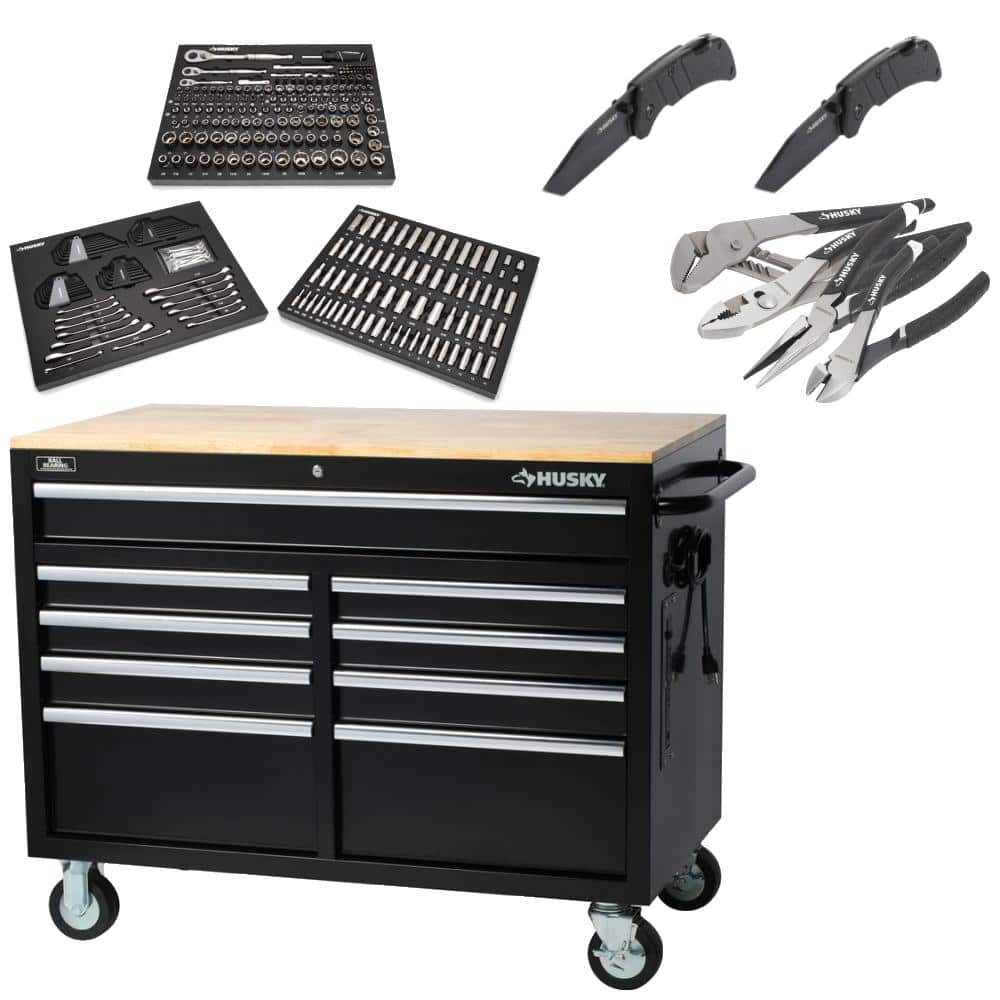 9-Drawer Mobile Workbench Cabinet with Solid Wood Top in Gloss Black A3241
