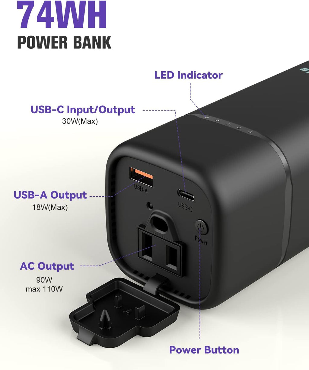 Portable Power Station 20000mAh 110V/90W Portable Laptop Charger AC Outlet USB PD 30W/QC 3.0 O4621