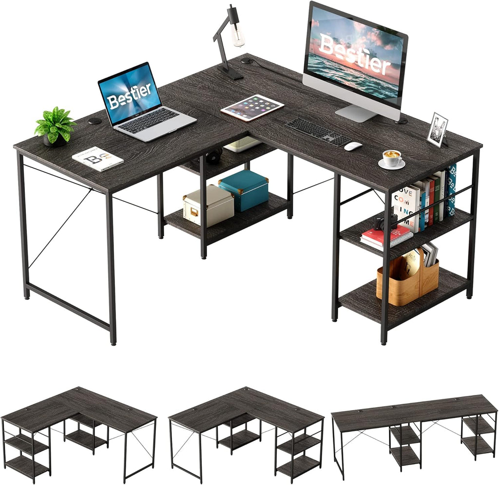 L Shaped Gaming Desk with Shelves 95.2 Inch Reversible Corner Computer Desk P90313