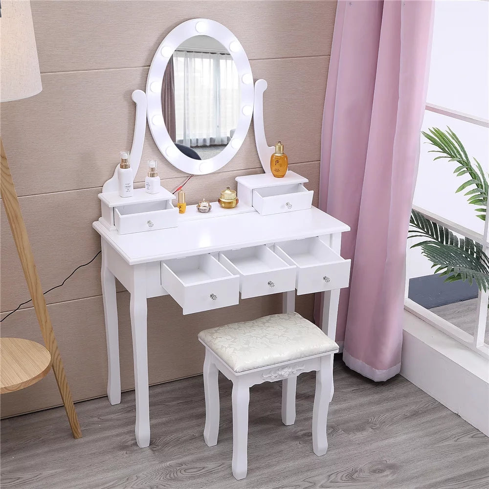 White Vanity Table Set with 5 Drawers and Cushioned Stool V84726