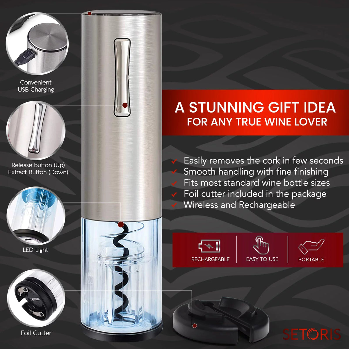 Rechargeable Stainless Steel Electric Wine Opener with Foil Cutter Set I410494