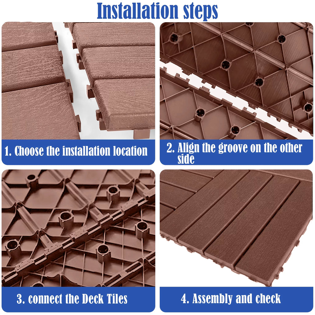 Interlocking Deck Tiles, 44 Pack Plastic Waterproof Outdoor Flooring, Dark Brown B403