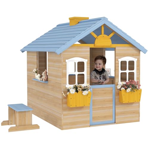 Wooden Playhouse with Working Door Windows Bench J437056