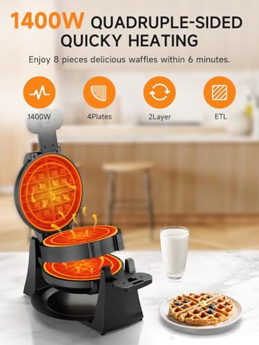 Black 1400W Double Belgian Waffle Iron Nonstick X782