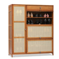 Bamboo 28 Pairs Shoe Cabinet with Rattan Doors and Boots Compartments I791
