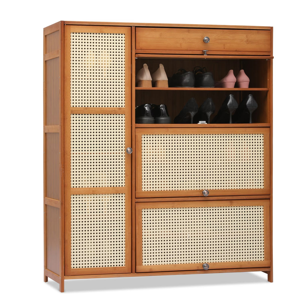 Bamboo 28 Pairs Shoe Cabinet with Rattan Doors and Boots Compartments I791