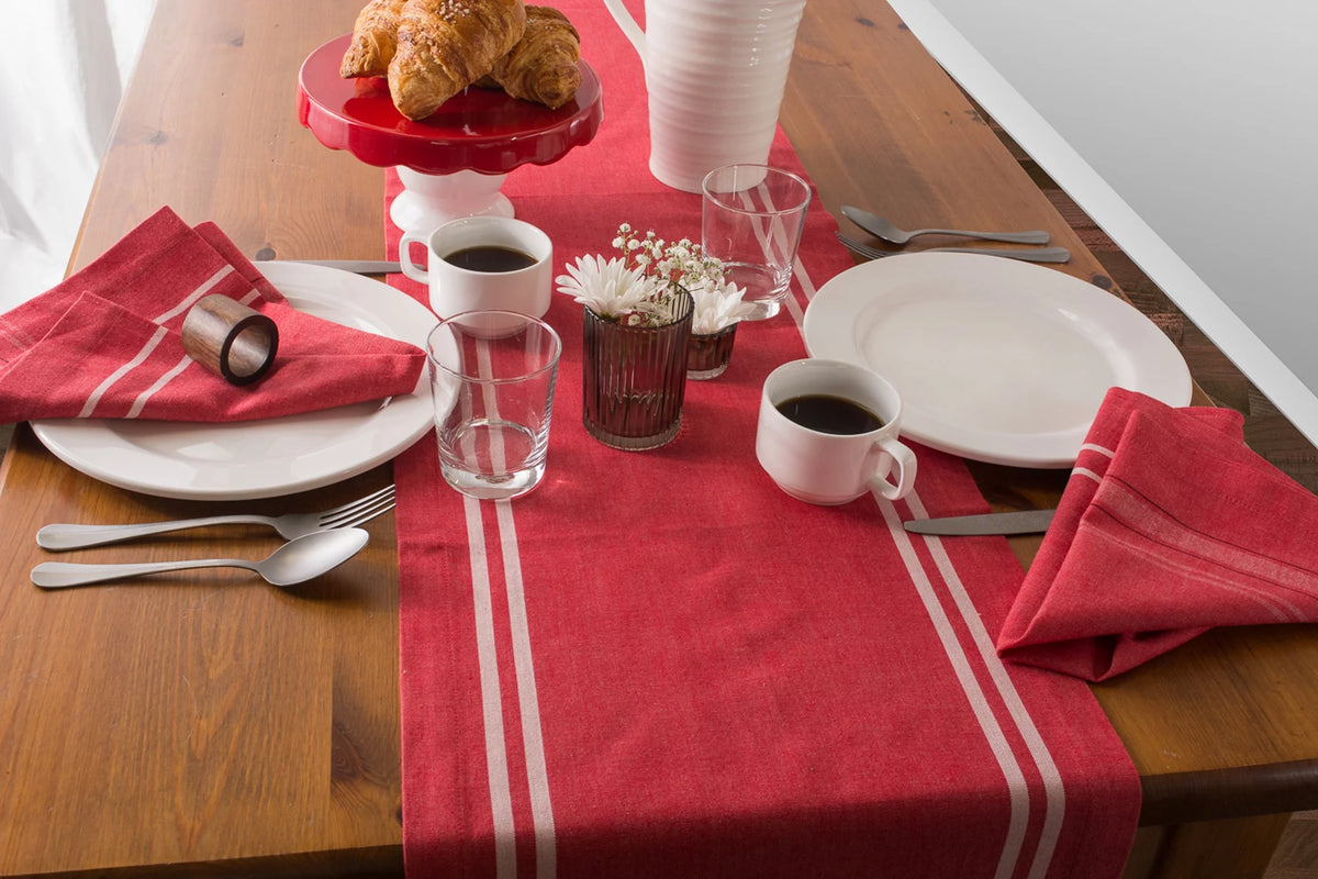 14" x 108" Red and White Chambray Table Runner E564463