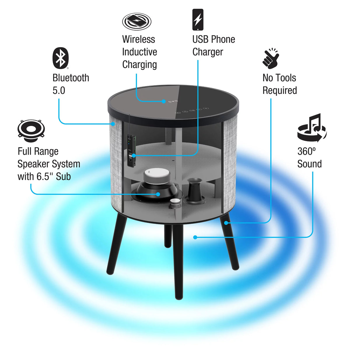 Round Bluetooth Speaker End Table with Wireless Charging, Gray O86936