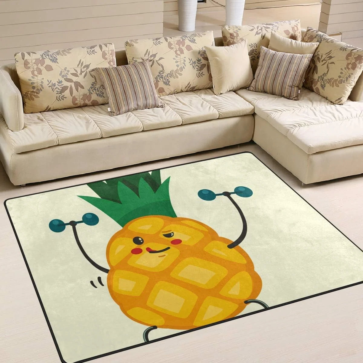 Cute Pineapple Doing Exercises with Dumbbells Lightweight Carpet Mats, 6'8" x 4'10" Area Soft Rugs Floor Mat Rug E563399