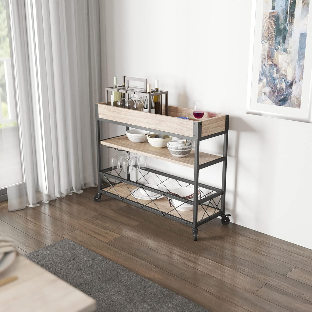 Light Oak Wood Kitchen Bar Cart with Storage Rack and Shelf A31428