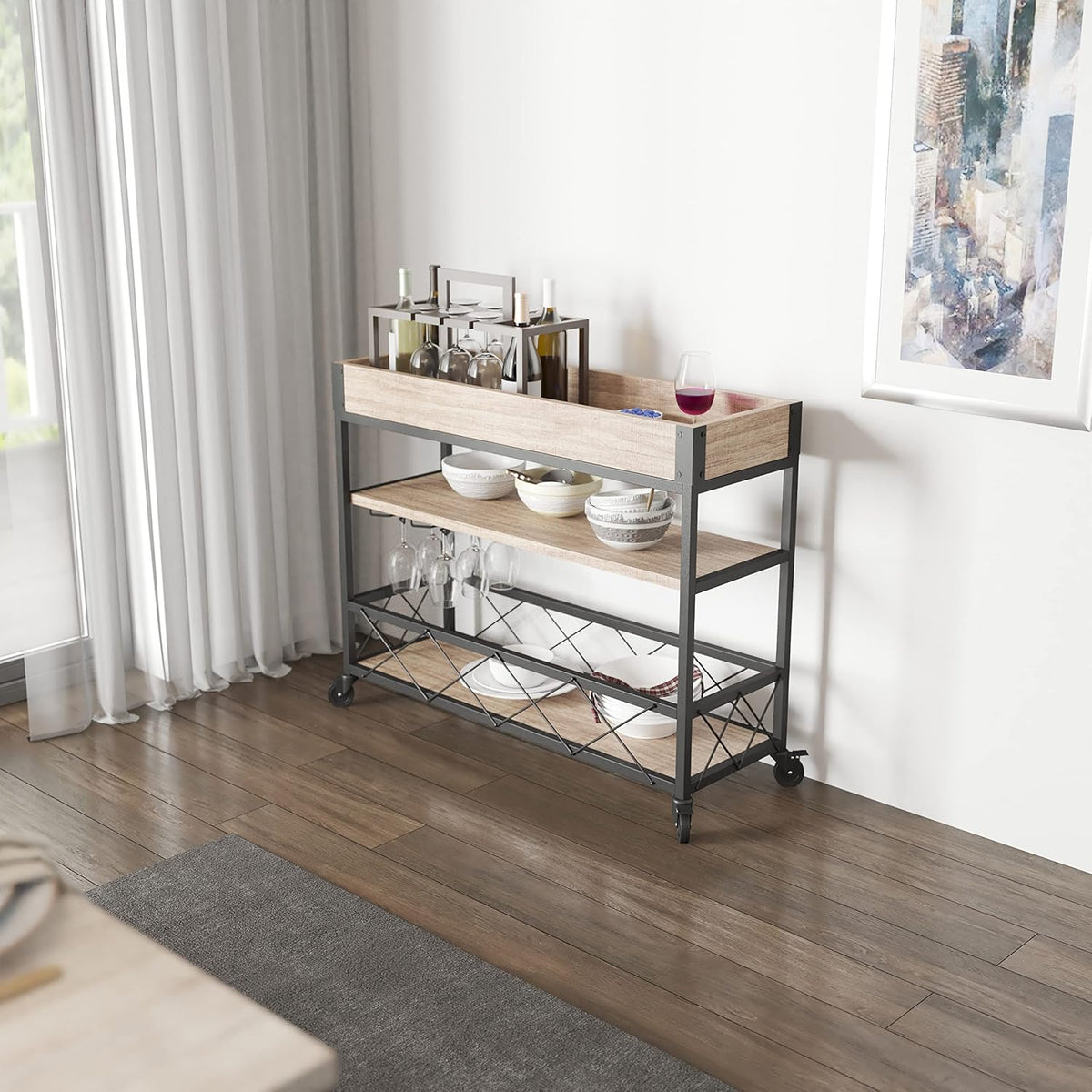Light Oak Wood Kitchen Bar Cart with Storage Rack and Shelf A31428