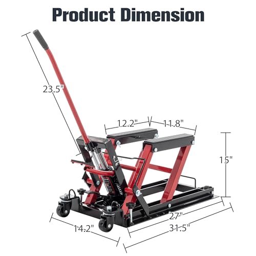 Red Hydraulic Motorcycle Lift Jack 1500 LBS Capacity, Foot-Operated Scissor Lift Table, Adjustable Height S8343