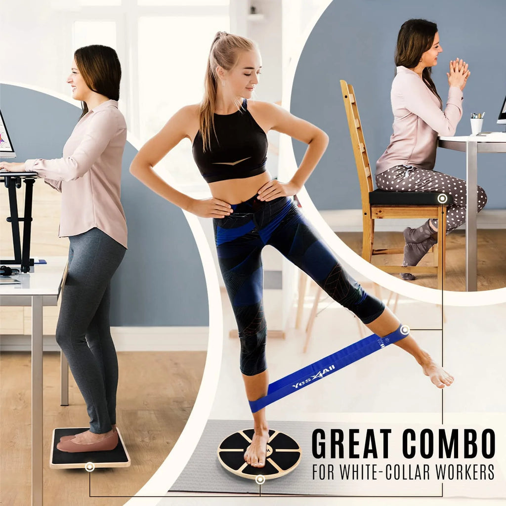 4-in-1 Wooden Wobble Balance Board Set with Balance Pad & Exercise Bands O43698