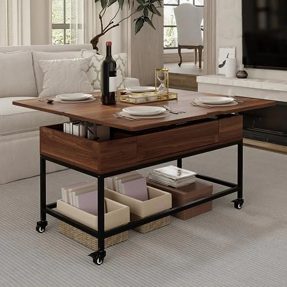 Lift Top Folding Coffee Table with Drawer Metal Frame D623