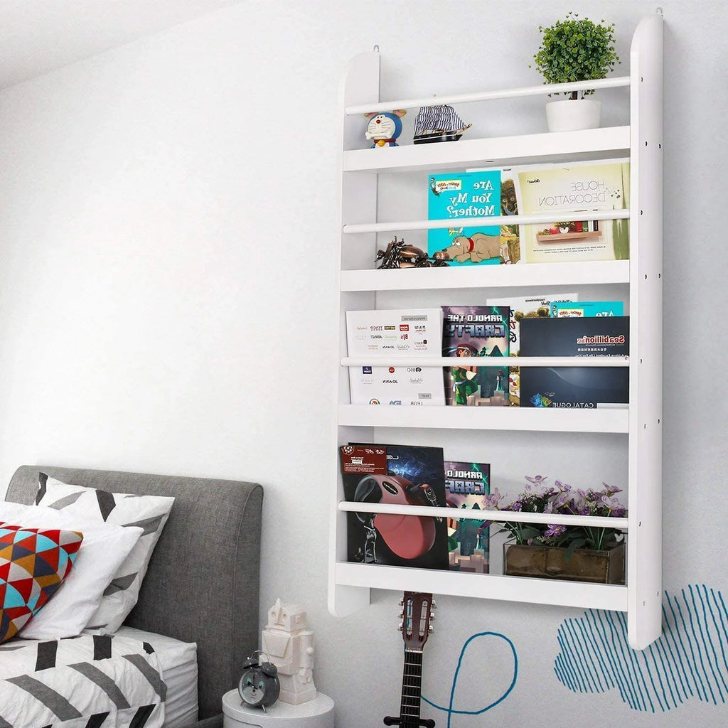 4-Tier White Wall Mounted Bookshelf Storage Rack Q9397