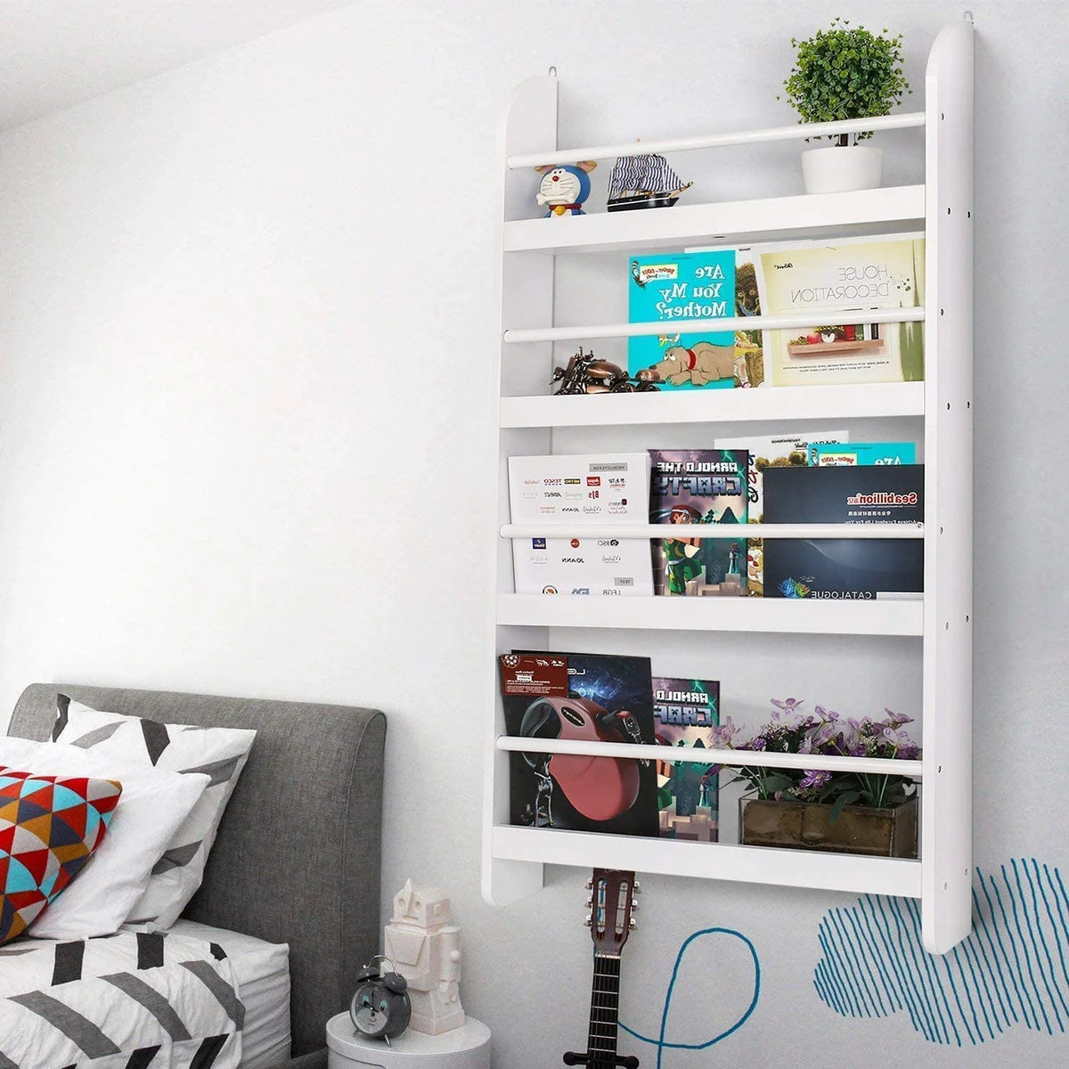 4-Tier White Wall Mounted Bookshelf Storage Rack Q9397