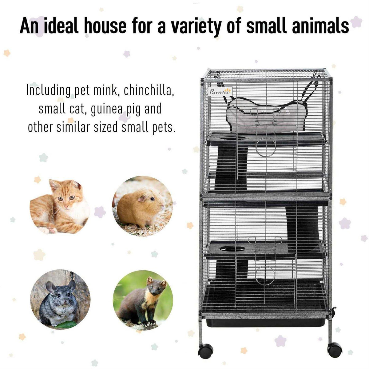 Small Animal Cage with Wheels, Hammock, 4 Platforms and Removable Tray N387742