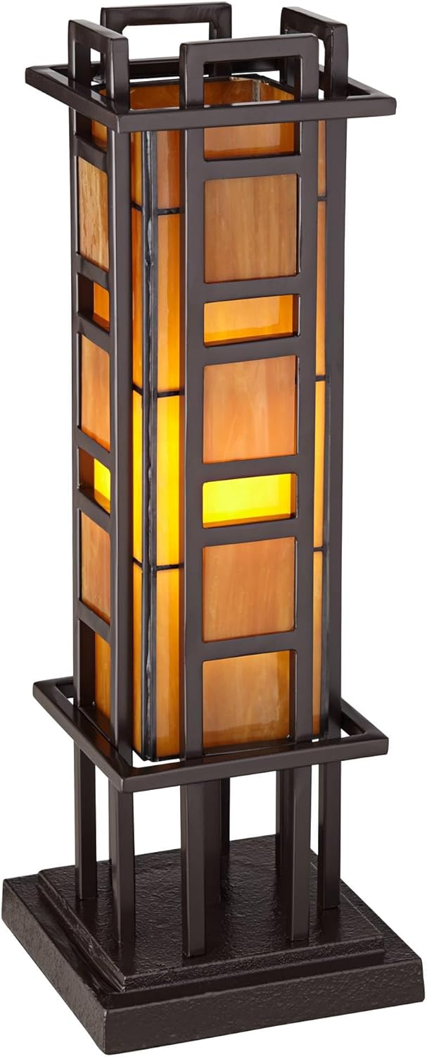 Bronze Iron Column Accent Table Lamp with Amber Stained Art Glass Y122512
