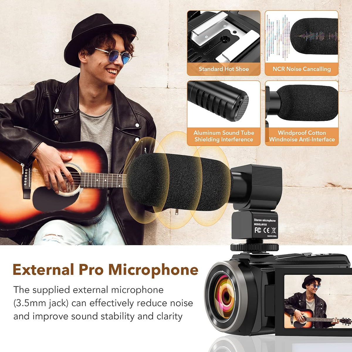 4K 60FPS 48MP Camcorder with Microphone and 2 Batteries V549315