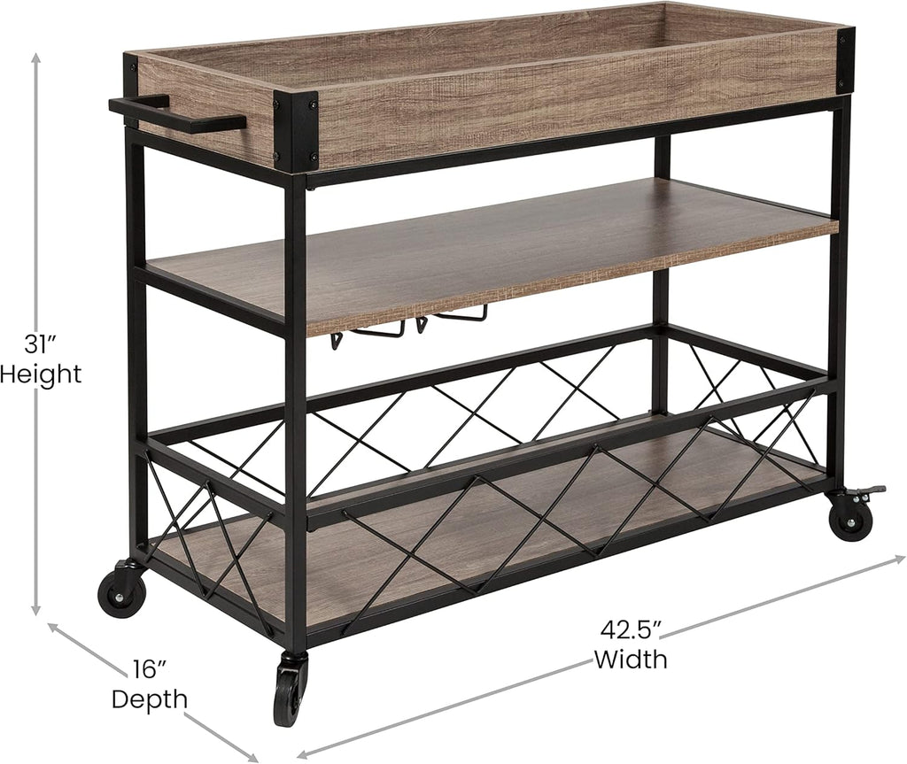 Light Oak Wood Kitchen Bar Cart with Storage Rack and Shelf A31428