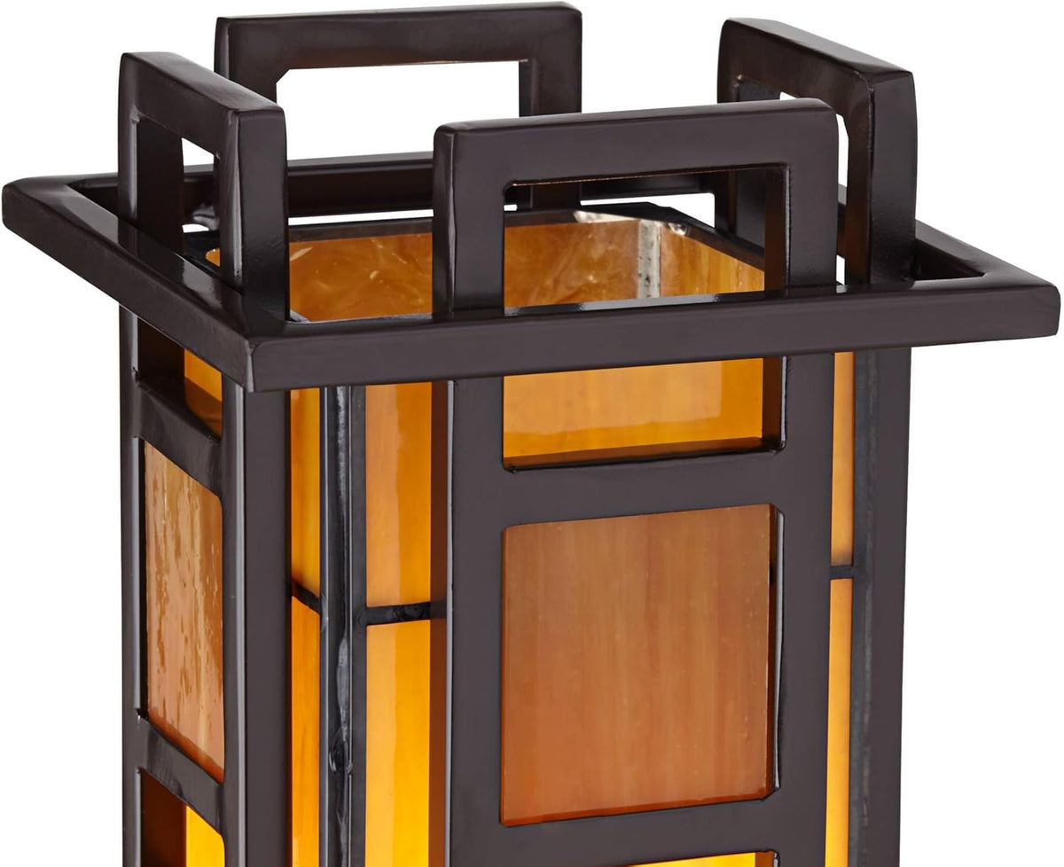 Bronze Iron Column Accent Table Lamp with Amber Stained Art Glass Y122512