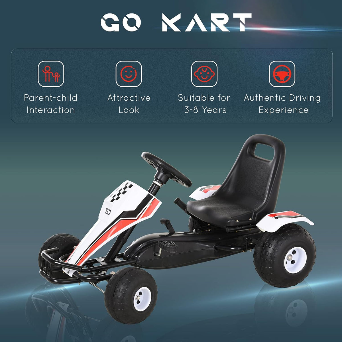 Pedal Go Kart Ride on Car with Adjustable Seat, Plastic Wheels, Handbrake and Shift Lever, Black Q246