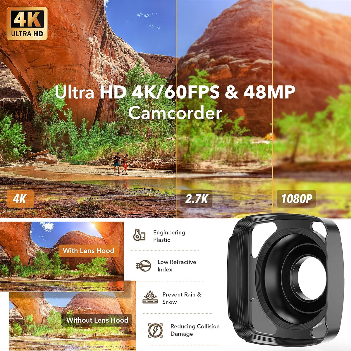 4K 60FPS 48MP Camcorder with Microphone and 2 Batteries V549315
