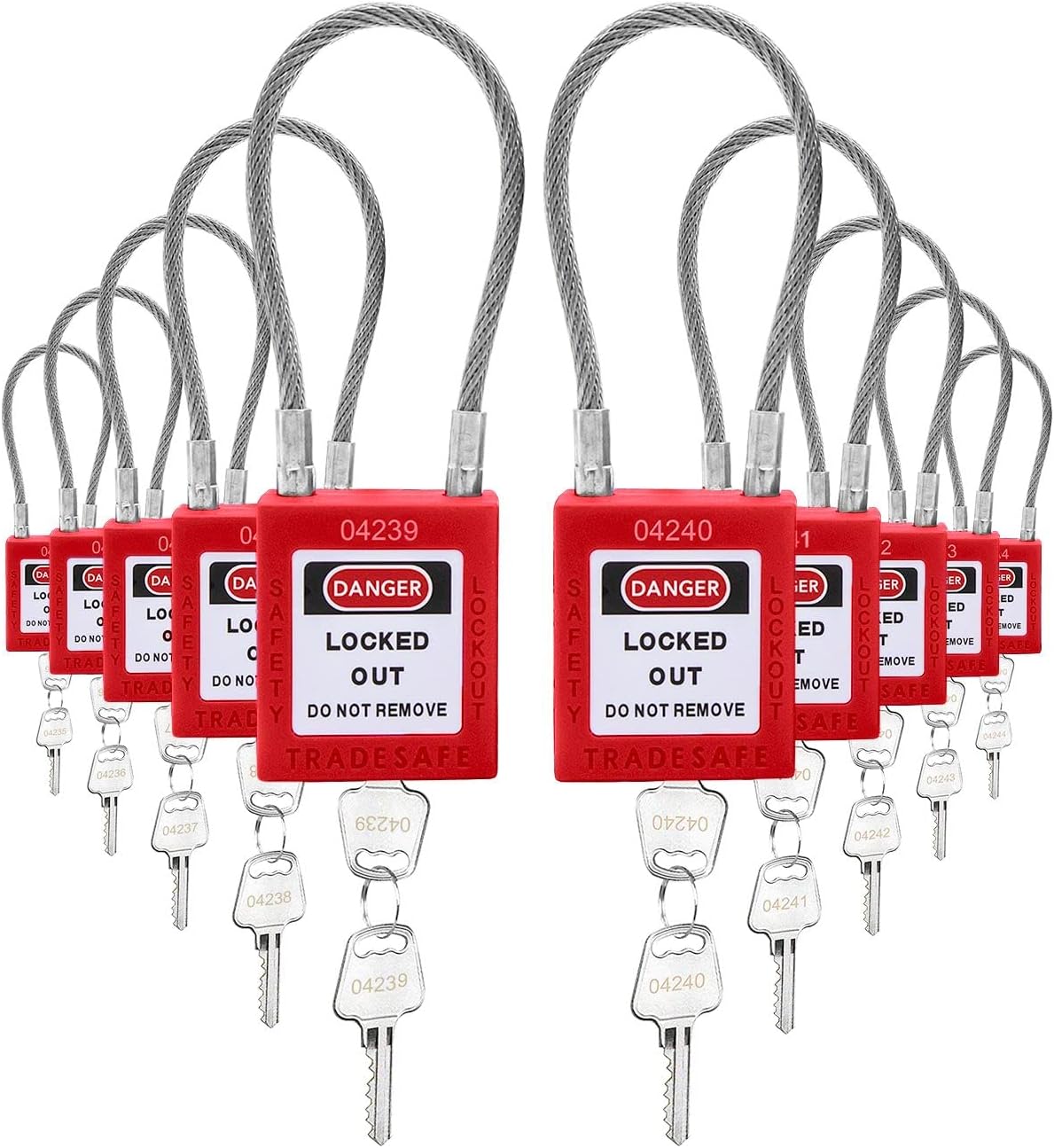Steel Cable Lockout Padlock Set, 10 Red, Keyed Different, 2 Keys per Lock, Pack of 2 Z7218
