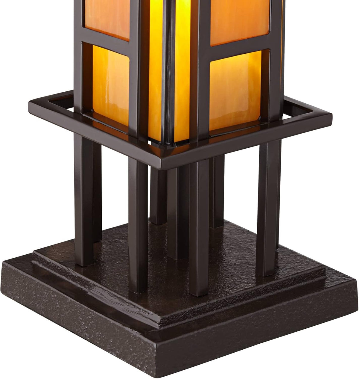 Bronze Iron Column Accent Table Lamp with Amber Stained Art Glass Y122512