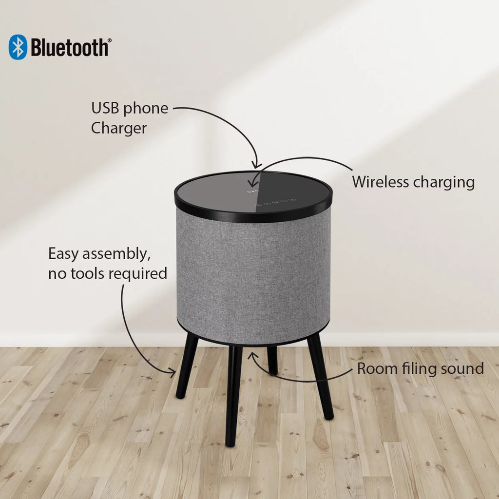 Round Bluetooth Speaker End Table with Wireless Charging, Gray O86936