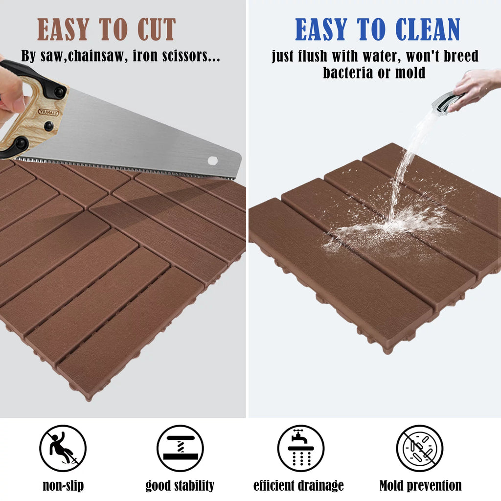 Interlocking Deck Tiles, 44 Pack Plastic Waterproof Outdoor Flooring, Dark Brown B403