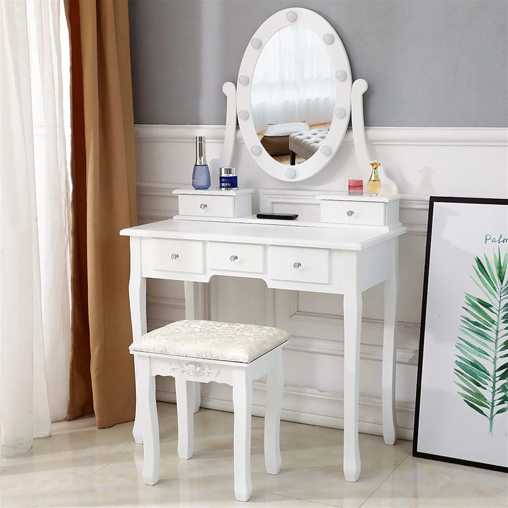 White Vanity Table Set with 5 Drawers and Cushioned Stool V84726