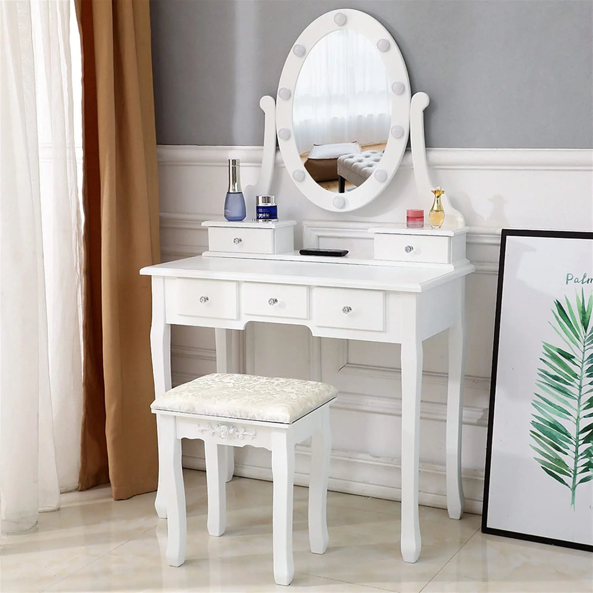 White Vanity Table Set with 5 Drawers and Cushioned Stool V84726